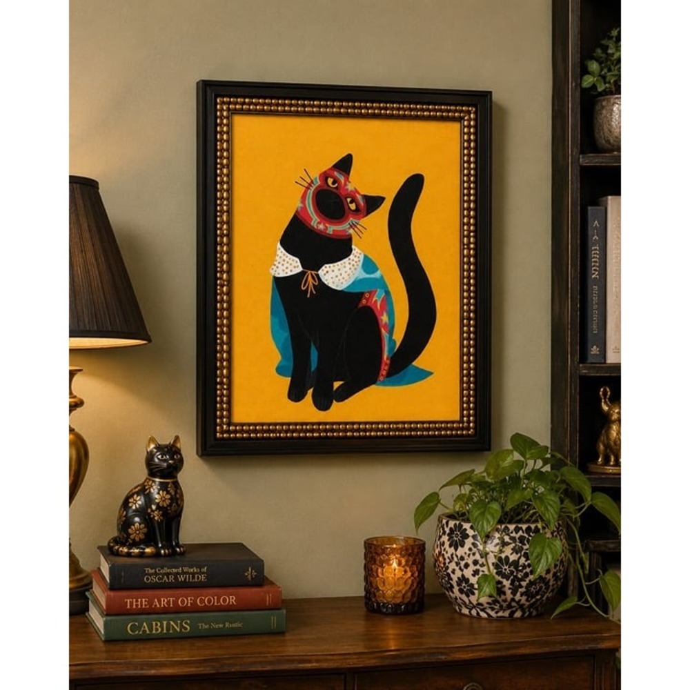 SAPNA SHAH Colorful Cat with Cape and Mask Art Print viral - Picture 2 of 4